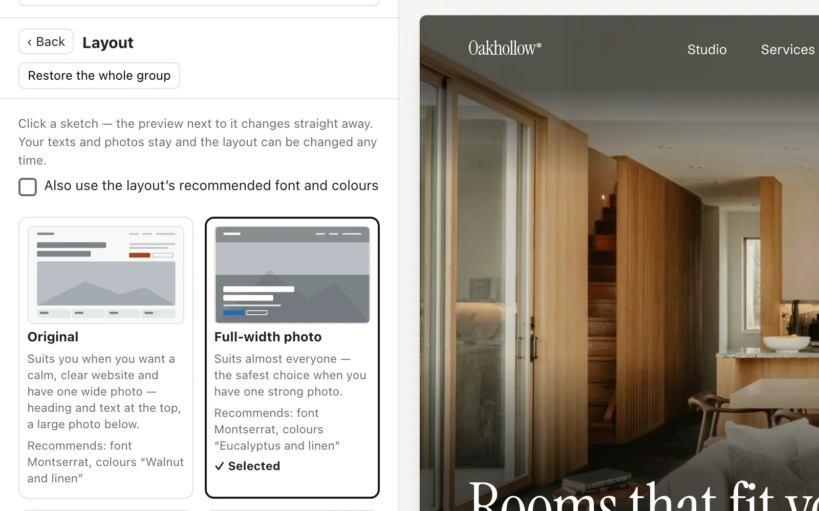 The Layout panel of the configurator with sketches of the layouts to click, next to the preview