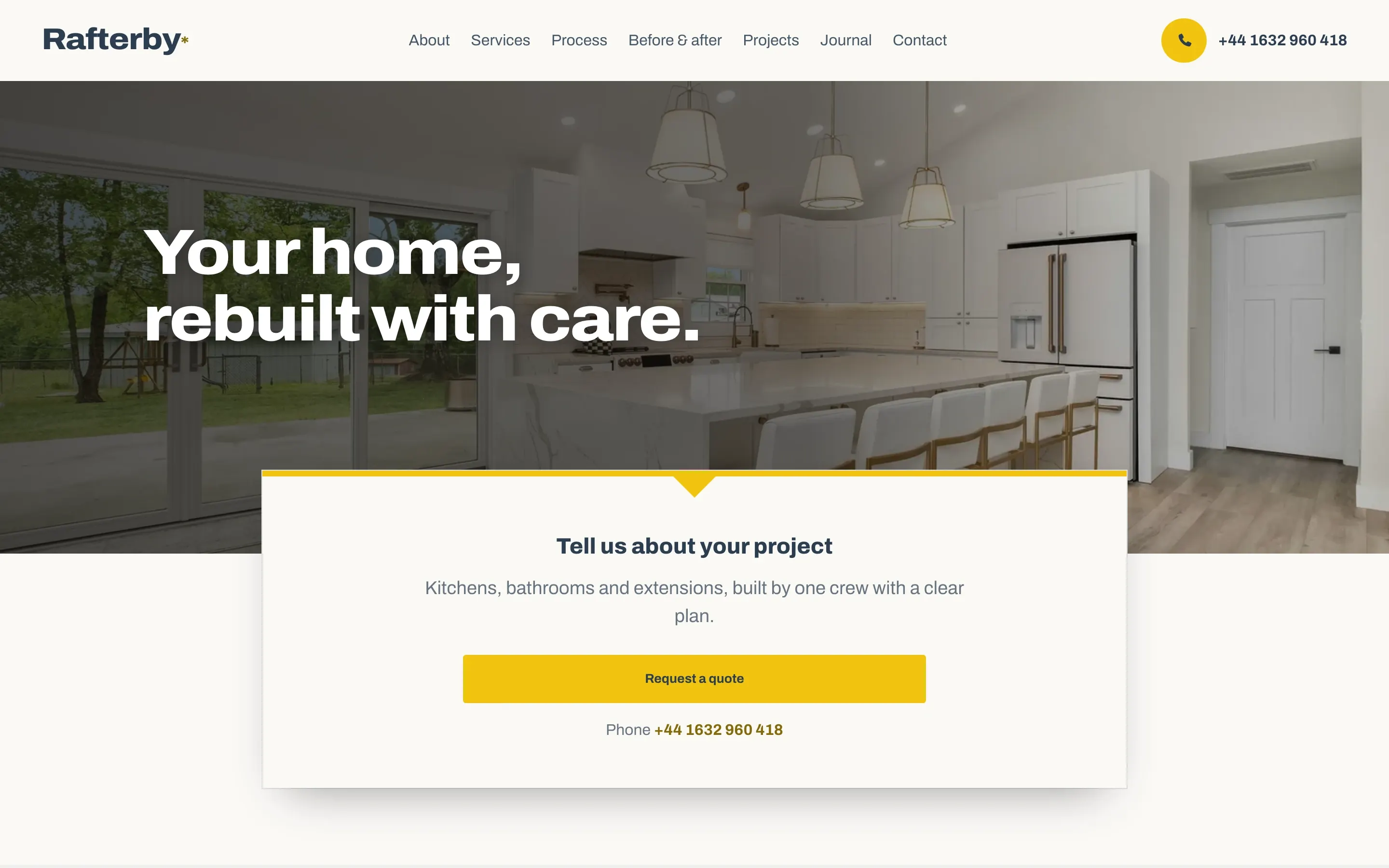 Rafterby renovation template, the opening screen on a desktop